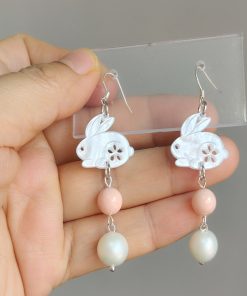 925 Sterling Silver Long Drop Rabbit Pearl Shell Earrings - Women's Niche Design in Sweet Forest Style