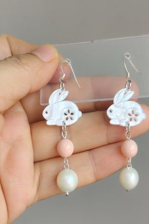 925 Sterling Silver Long Drop Rabbit Pearl Shell Earrings - Women's Niche Design in Sweet Forest Style
