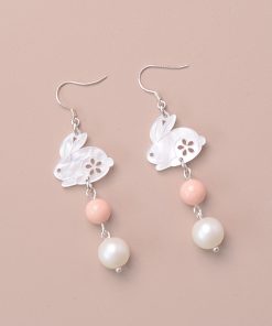 925 Sterling Silver Long Drop Rabbit Pearl Shell Earrings - Women's Niche Design in Sweet Forest Style