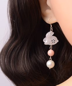 925 Sterling Silver Long Drop Rabbit Pearl Shell Earrings - Women's Niche Design in Sweet Forest Style