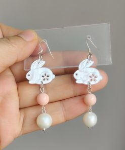 925 Sterling Silver Long Drop Rabbit Pearl Shell Earrings - Women's Niche Design in Sweet Forest Style