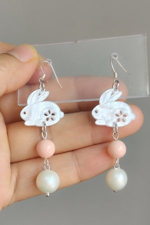 925 Sterling Silver Long Drop Rabbit Pearl Shell Earrings - Women's Niche Design in Sweet Forest Style