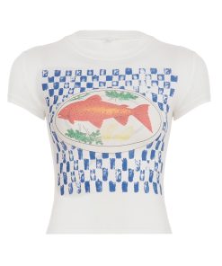 Abstract Goldfish Dopamine Cup Sleeve T-Shirt - Sweet and Spicy Slim Fit Crop Top for Summer - Trendy Y2K Style