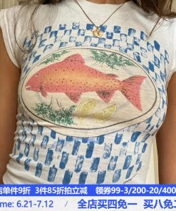 Abstract Goldfish Dopamine Cup Sleeve T-Shirt - Sweet and Spicy Slim Fit Crop Top for Summer - Trendy Y2K Style