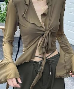 Acubi Simple Outfits, Thrift Store Outfits - Tie Front Mesh Top