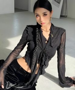 Acubi Simple Outfits, Thrift Store Outfits - Tie Front Mesh Top