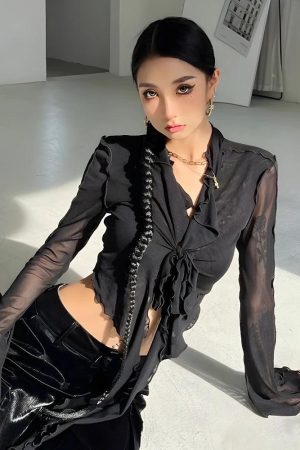 Acubi Simple Outfits, Thrift Store Outfits - Tie Front Mesh Top