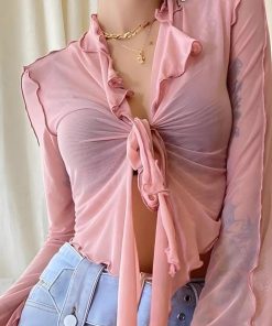 Acubi Simple Outfits, Thrift Store Outfits - Tie Front Mesh Top