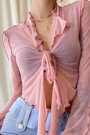 Acubi Simple Outfits, Thrift Store Outfits - Tie Front Mesh Top
