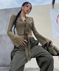 Acubi Simple Outfits, Thrift Store Outfits - Tie Front Mesh Top