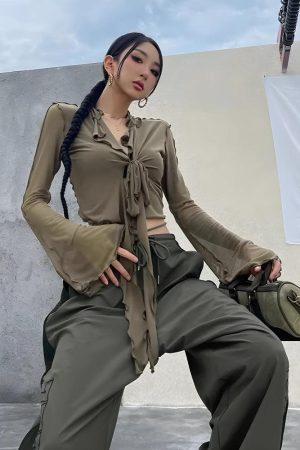 Acubi Simple Outfits, Thrift Store Outfits - Tie Front Mesh Top