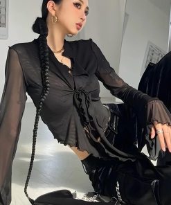 Acubi Simple Outfits, Thrift Store Outfits - Tie Front Mesh Top