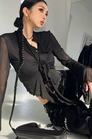 Acubi Simple Outfits, Thrift Store Outfits - Tie Front Mesh Top