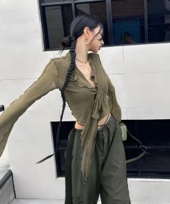 Acubi Simple Outfits, Thrift Store Outfits - Tie Front Mesh Top