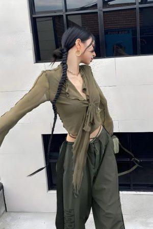 Acubi Simple Outfits, Thrift Store Outfits - Tie Front Mesh Top