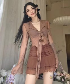 Acubi Simple Outfits, Thrift Store Outfits - Tie Front Mesh Top