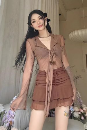 Acubi Simple Outfits, Thrift Store Outfits - Tie Front Mesh Top