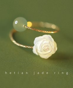 Adjustable Rose Flower Jade Ring for Women, Niche Design, High-End Feel, Unique Personality Tail Ring for Index Finger