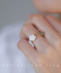 Adjustable Rose Flower Jade Ring for Women, Niche Design, High-End Feel, Unique Personality Tail Ring for Index Finger