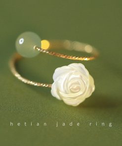 Adjustable Rose Flower Jade Ring for Women, Niche Design, High-End Feel, Unique Personality Tail Ring for Index Finger