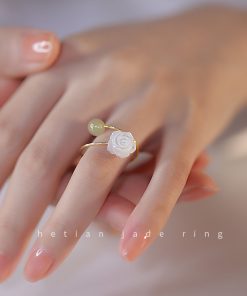 Adjustable Rose Flower Jade Ring for Women, Niche Design, High-End Feel, Unique Personality Tail Ring for Index Finger