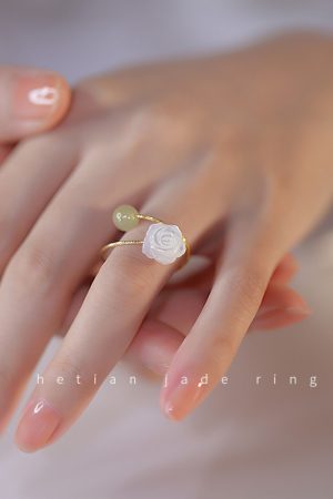 Adjustable Rose Flower Jade Ring for Women, Niche Design, High-End Feel, Unique Personality Tail Ring for Index Finger
