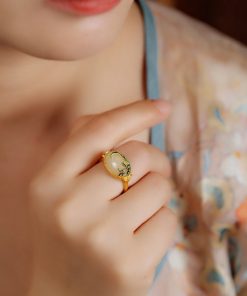 Adjustable Silver Ring with Natural Hetian Jade and Gold Inlay, Light Luxury National Style Jewelry for Women, 18K Gold-Plated