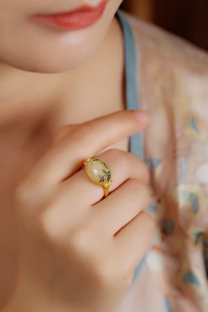 Adjustable Silver Ring with Natural Hetian Jade and Gold Inlay, Light Luxury National Style Jewelry for Women, 18K Gold-Plated