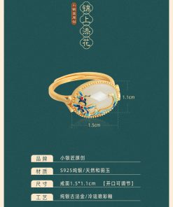 Adjustable Silver Ring with Natural Hetian Jade and Gold Inlay, Light Luxury National Style Jewelry for Women, 18K Gold-Plated