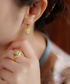 Adjustable Silver Ring with Natural Hetian Jade and Gold Inlay, Light Luxury National Style Jewelry for Women, 18K Gold-Plated