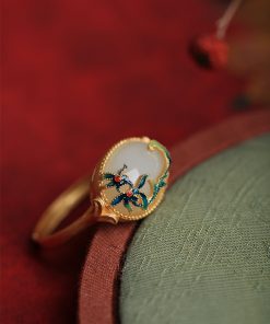 Adjustable Silver Ring with Natural Hetian Jade and Gold Inlay, Light Luxury National Style Jewelry for Women, 18K Gold-Plated