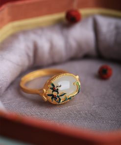 Adjustable Silver Ring with Natural Hetian Jade and Gold Inlay, Light Luxury National Style Jewelry for Women, 18K Gold-Plated