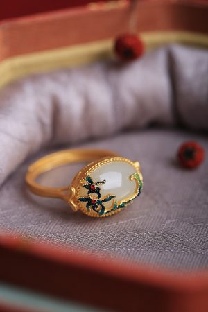 Adjustable Silver Ring with Natural Hetian Jade and Gold Inlay, Light Luxury National Style Jewelry for Women, 18K Gold-Plated
