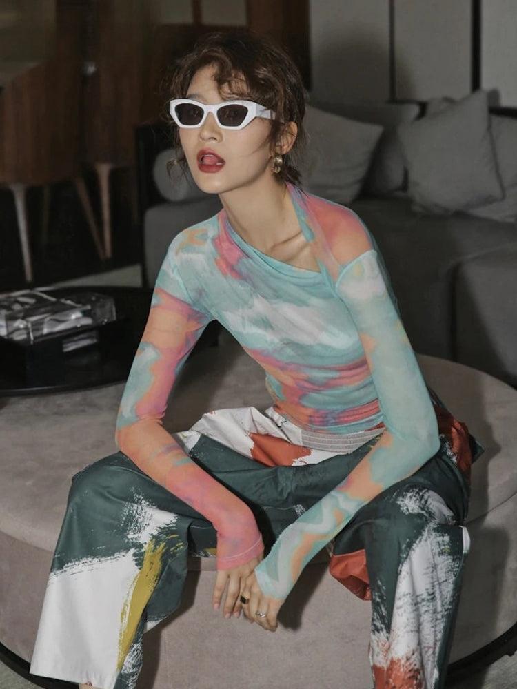 Aesthetic Fits Girl, Clothes Spring - Asymmetric Tie Dye Mesh Top Aesthetic Fits Girl, Clothes Spring - Asymmetric Tie Dye Mesh Top