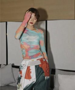 Aesthetic Fits Girl, Clothes Spring - Asymmetric Tie Dye Mesh Top