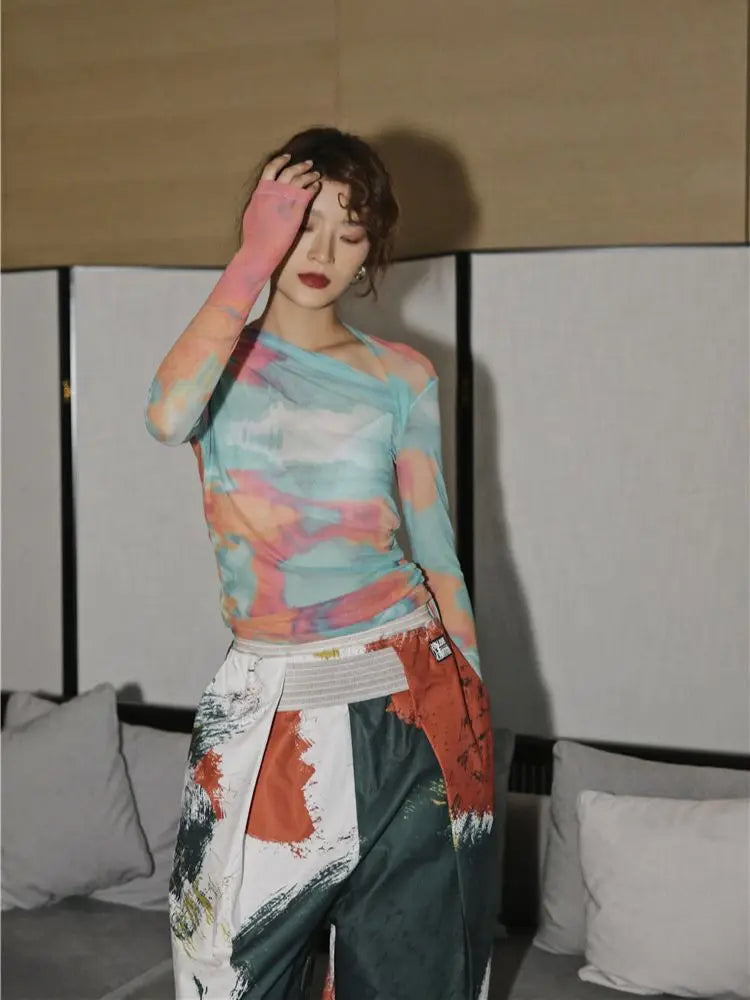 Aesthetic Fits Girl, Clothes Spring - Asymmetric Tie Dye Mesh Top Aesthetic Fits Girl, Clothes Spring - Asymmetric Tie Dye Mesh Top