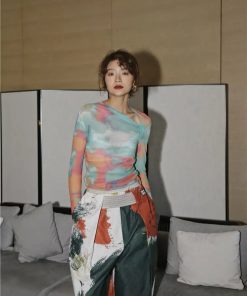 Aesthetic Fits Girl, Clothes Spring - Asymmetric Tie Dye Mesh Top