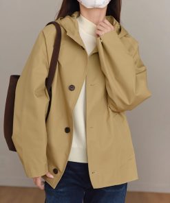 All-Cotton Loose Straight Coat with Classic Plaid Lining and Hood, Stylish Hooded Trench Coat for Casual Wear