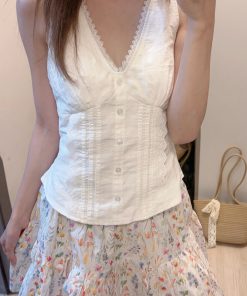 All-Cotton V-Neck Sleeveless Top with Pleat Design, Fitted Waist, Slim Fit, Short Length - Korean Style Fashion Essential