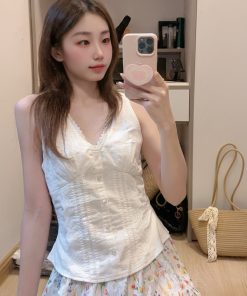 All-Cotton V-Neck Sleeveless Top with Pleat Design, Fitted Waist, Slim Fit, Short Length - Korean Style Fashion Essential