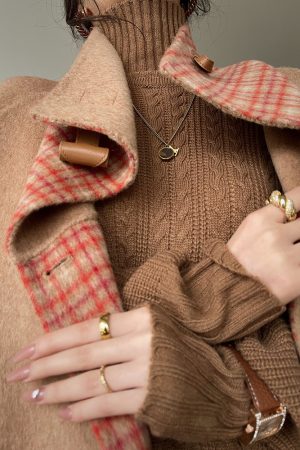 Almond Cardamom Double-Faced Woolen Coat | Color-Block Plaid Long Overcoat | Chic Winter Outerwear