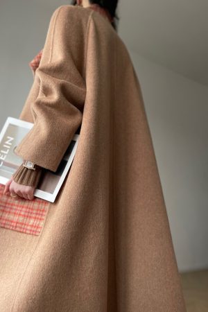 Almond Cardamom Double-Faced Woolen Coat | Color-Block Plaid Long Overcoat | Chic Winter Outerwear
