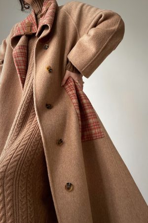 Almond Cardamom Double-Faced Woolen Coat | Color-Block Plaid Long Overcoat | Chic Winter Outerwear