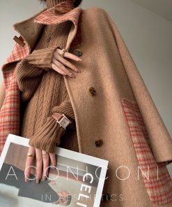 Almond Cardamom Double-Faced Woolen Coat | Color-Block Plaid Long Overcoat | Chic Winter Outerwear