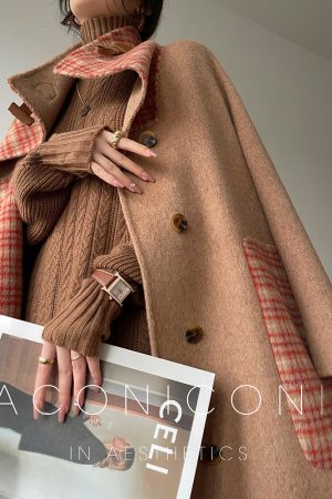 Almond Cardamom Double-Faced Woolen Coat | Color-Block Plaid Long Overcoat | Chic Winter Outerwear