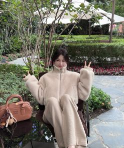 Almond Color Ribbed Knitted Wide-Leg Pants for Women - High-Waisted Casual Trousers, Perfect for Winter Style