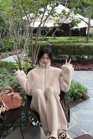 Almond Color Ribbed Knitted Wide-Leg Pants for Women - High-Waisted Casual Trousers, Perfect for Winter Style