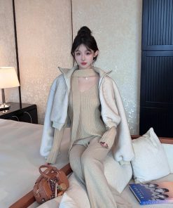 Almond Color Ribbed Knitted Wide-Leg Pants for Women - High-Waisted Casual Trousers, Perfect for Winter Style