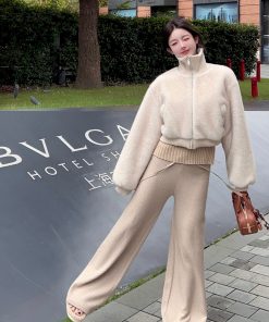 Almond Color Ribbed Knitted Wide-Leg Pants for Women - High-Waisted Casual Trousers, Perfect for Winter Style