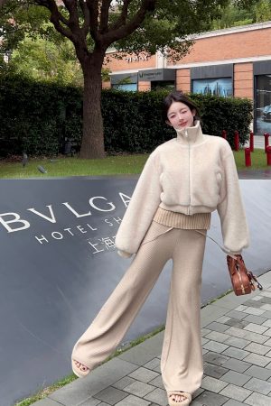 Almond Color Ribbed Knitted Wide-Leg Pants for Women - High-Waisted Casual Trousers, Perfect for Winter Style